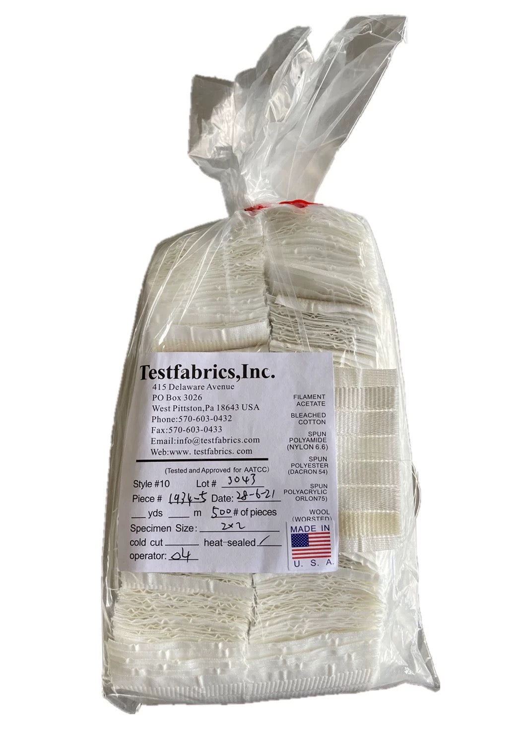 Testfabric AATCC Multifiber No. 10 Precut Pieces of 2 x 2 inches (5 x 5 cm) with heat-sealed